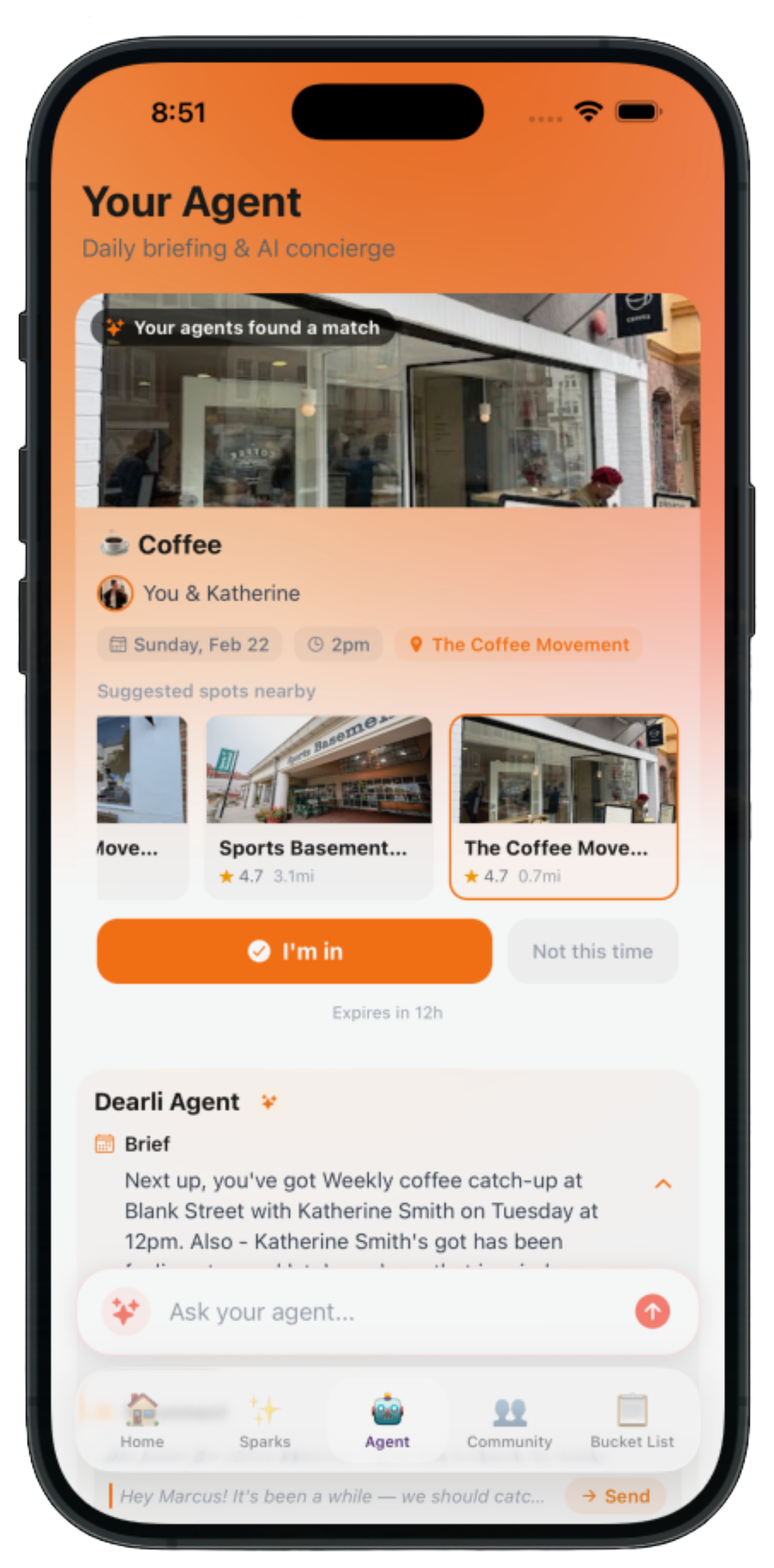 dearli AI agent — finds matches and builds plans