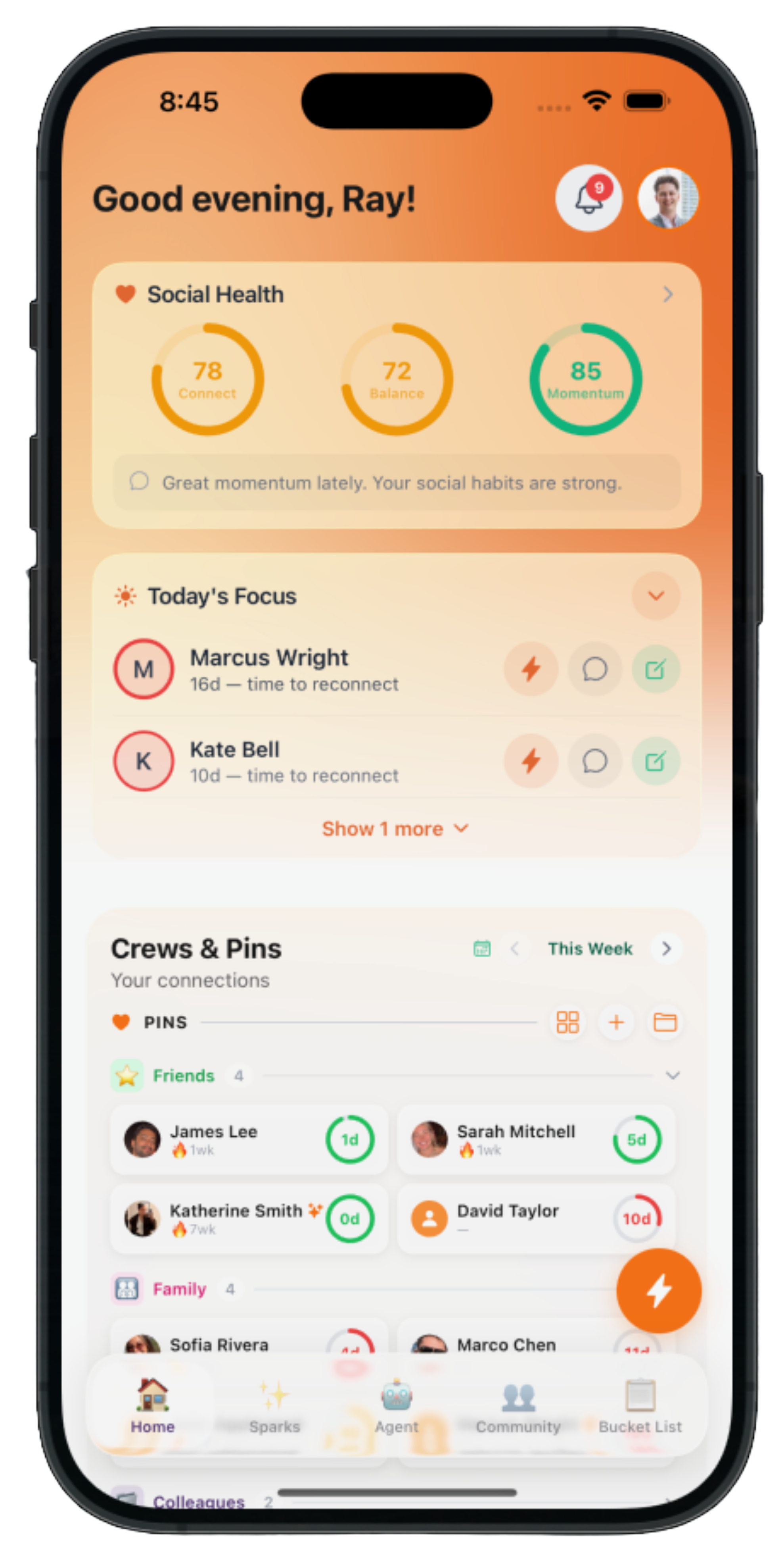 dearli home screen with social health scores and today's focus